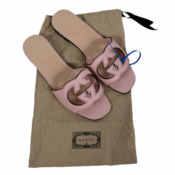 Gucci Interlocking G Cutout Leather Slide Flat Sandal Pink Size 37.5 - Picture 11 of 11